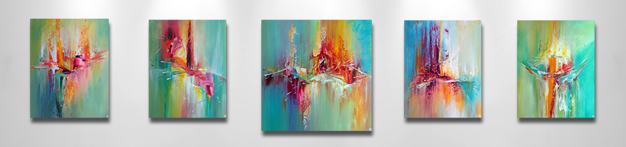 A few paintings from Eliora Bousquet's series What dreams are made of on an art gallery wall